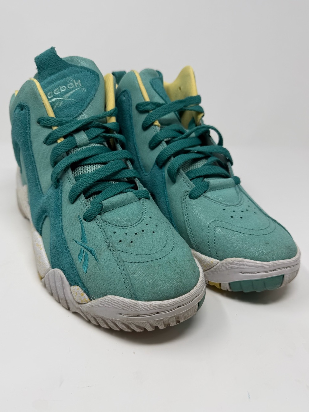 Reebok Kids Kamikaze Teal Suede High-Top Sneakers with Yellow Lining Sz.6y